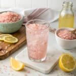 a macro shot of a pink salt glass of sole water on