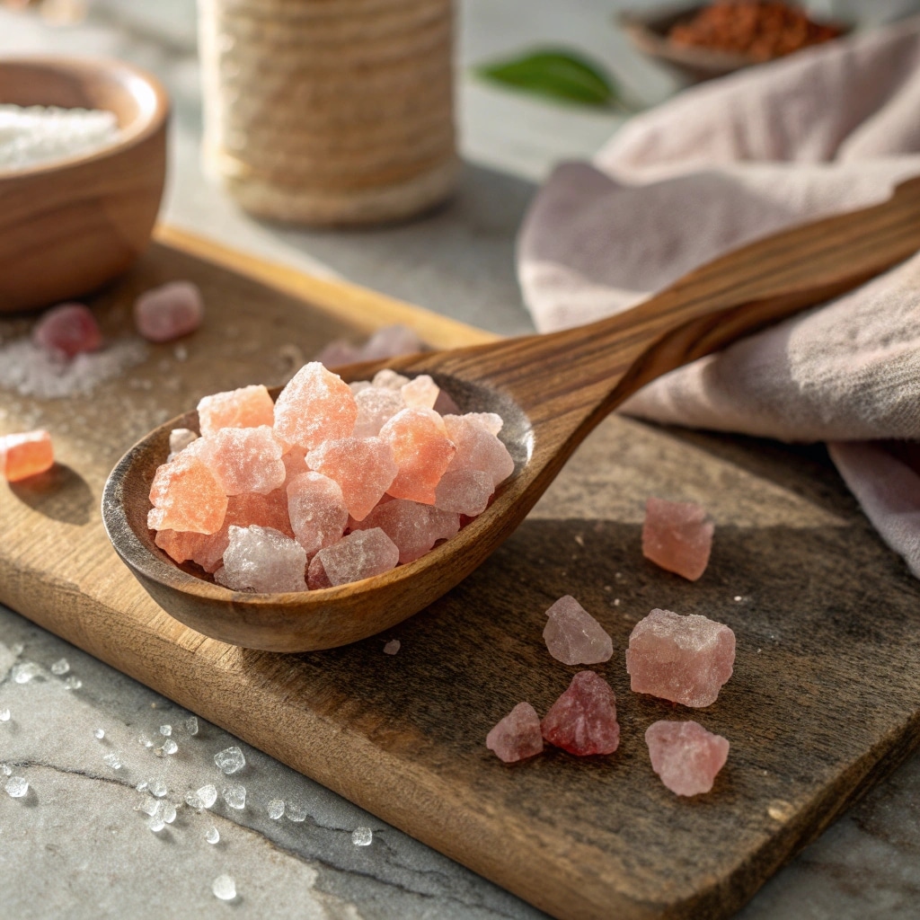 Does Himalayan salt melt fat – pink salt in wooden spoon