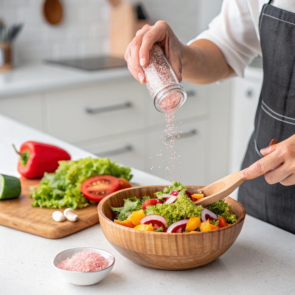 Sprinkling Himalayan salt on a fresh salad for flavor and mineral support