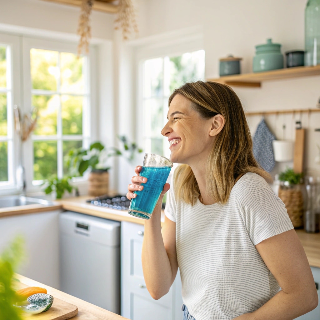 Woman drinking blue salt tonic for belly fat