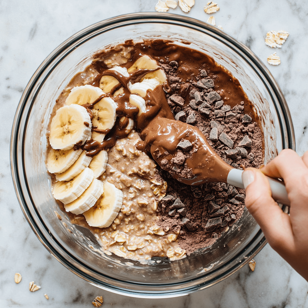Chocolate Banana Overnight Oats: Irresistible 5-Minute Breakfast Bliss 7 Mixing chocolate banana overnight oats in bowl