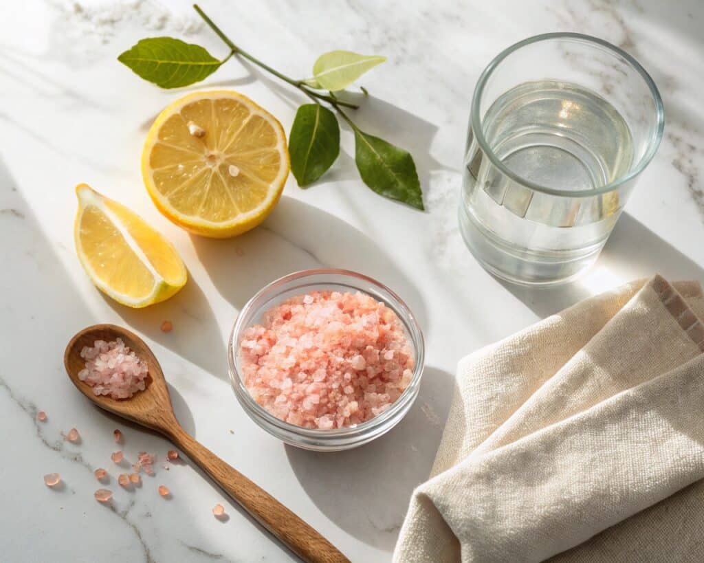 ingredients for lemon water and Himalayan salt drink