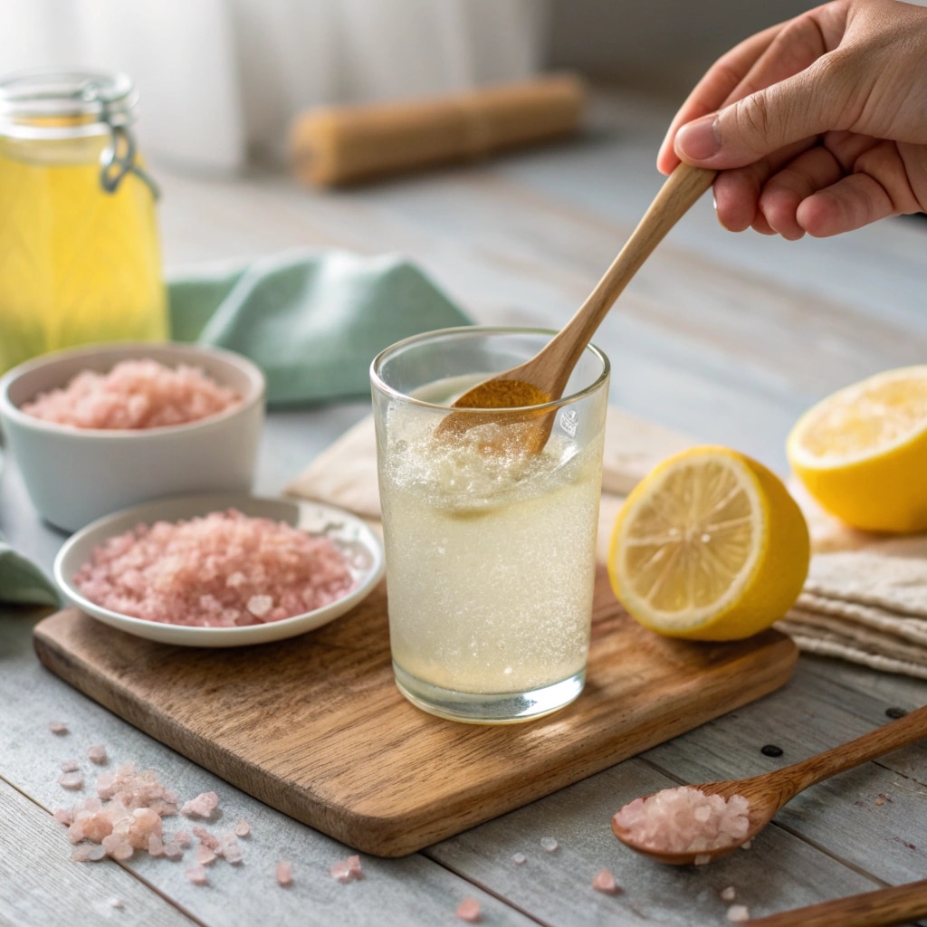 stirring Himalayan salt into lemon water