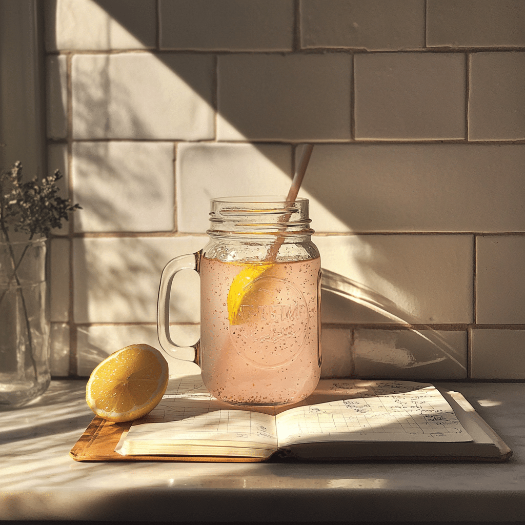 Mason jar filled with pink salt water and lemon slice on a countertop, morning light entering a wellness-focused kitchen.