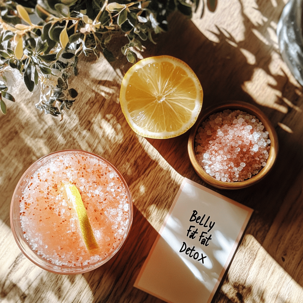 Flat lay of pink salt drink with lemon and handwritten “Belly Fat Detox” note, styled for morning wellness routines.