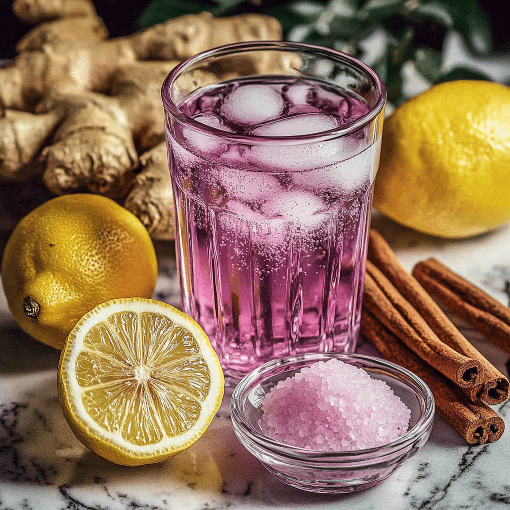 Pink salt drink served with fruit and yogurt for a healthy morning routine