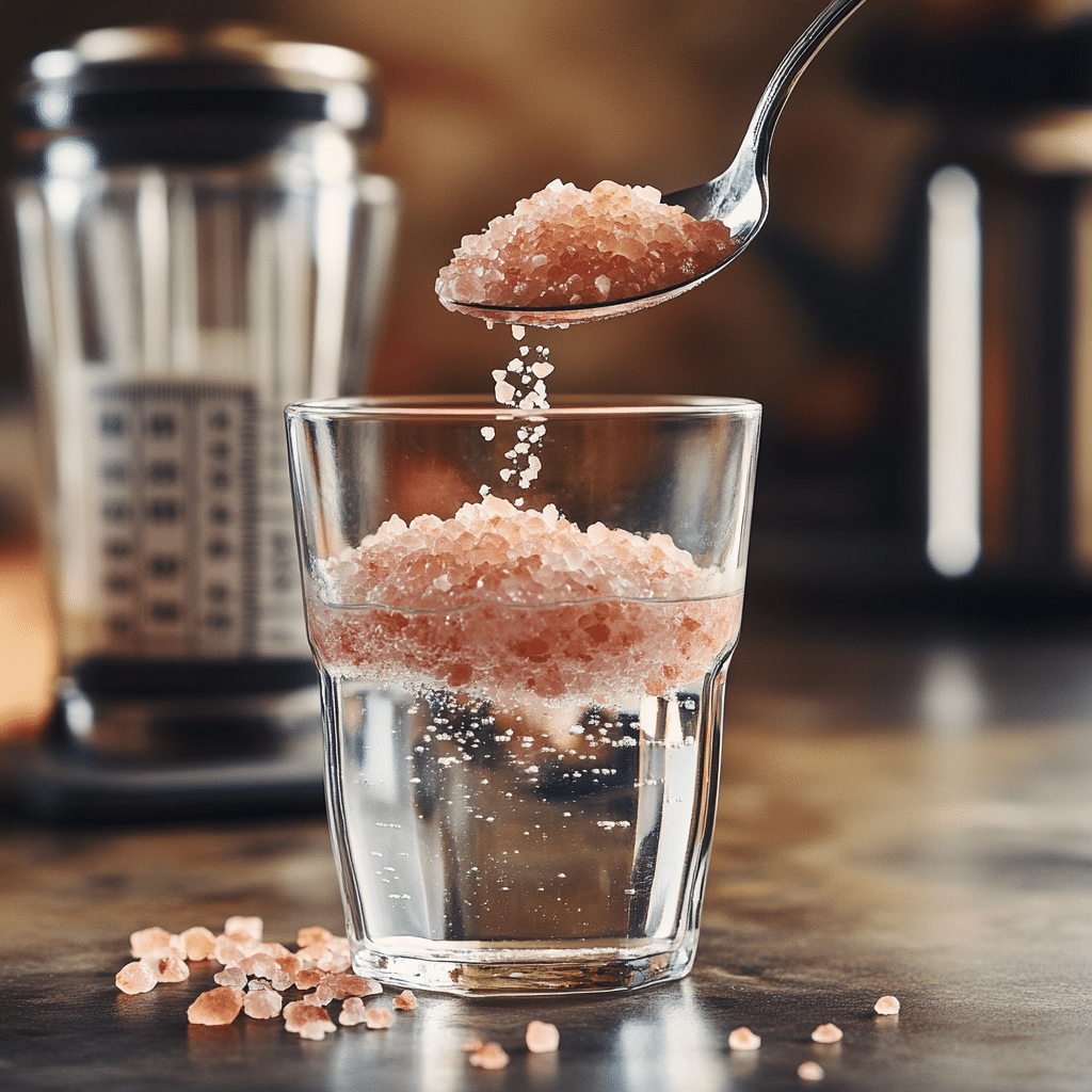 Close-up of a spoon adding pink Himalayan salt to a glass of water, modern kitchen background with healthy lifestyle tools.