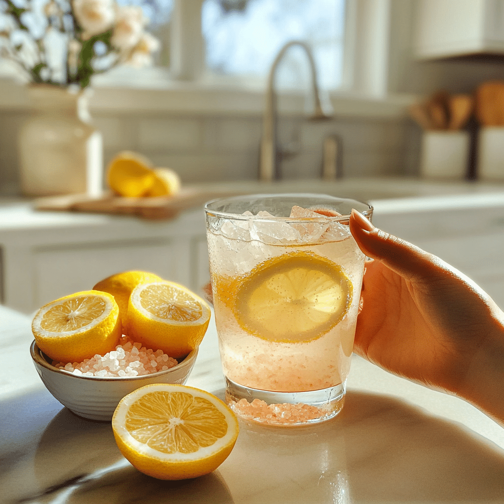 Electrolyte water with pink salt and lemon on a kitchen counter, photographed in natural daylight for hydration support.