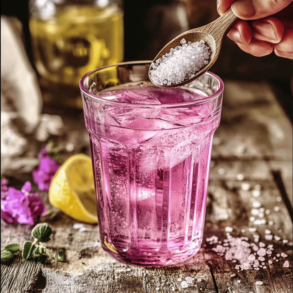 Stirring pink Himalayan salt into warm water for the morning detox drink