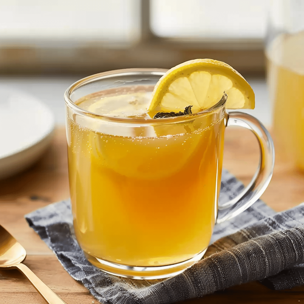 Served apple cider vinegar fat-burning tea with lemon garnish