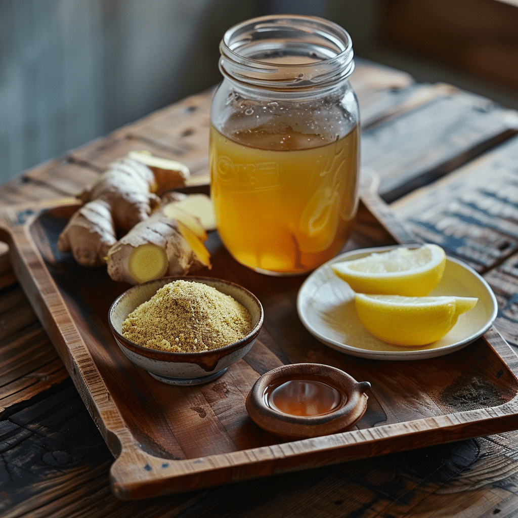 Ingredients for apple cider vinegar fat-burning tea on wooden tray