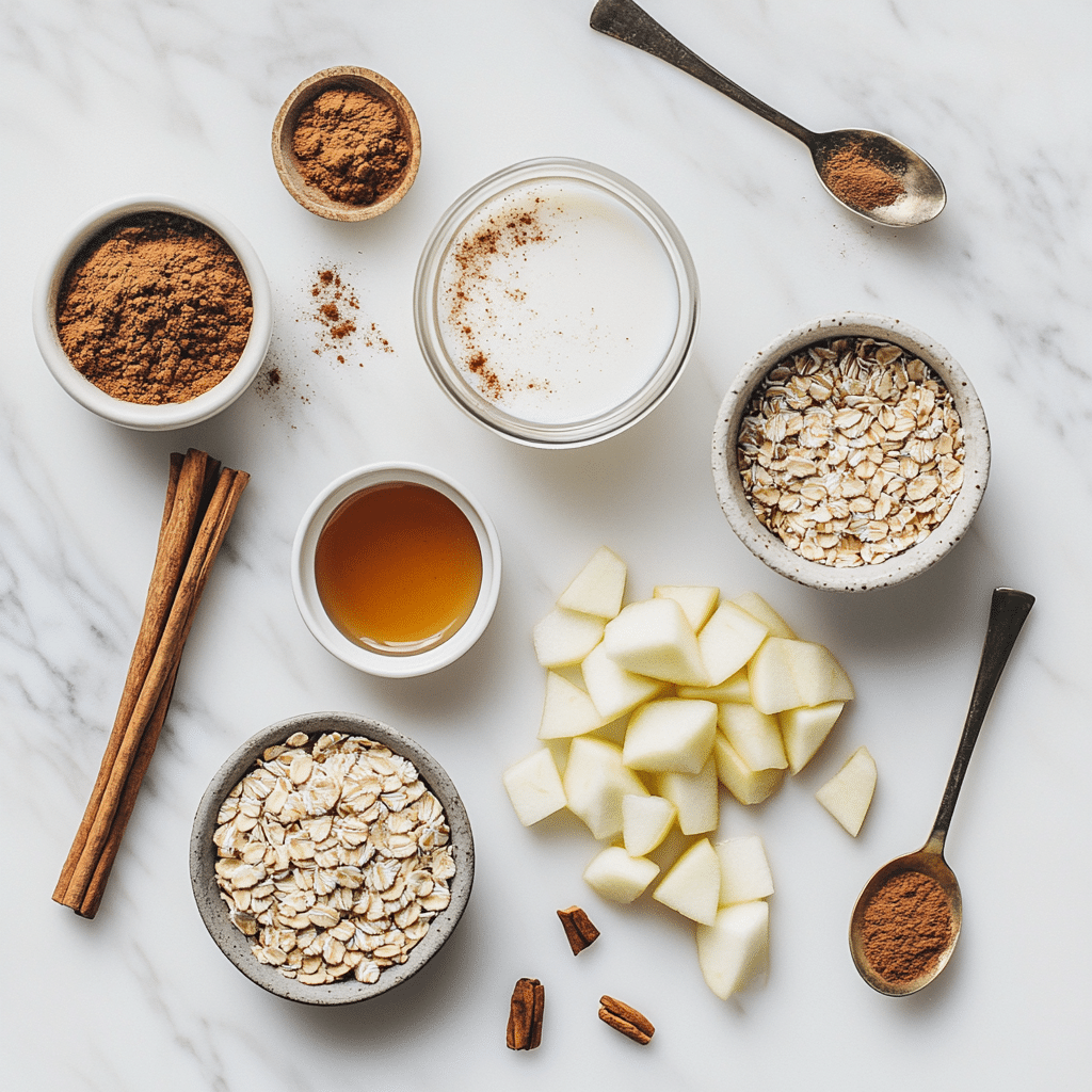 Flat lay of ingredients for apple cinnamon overnight oats on marble background
