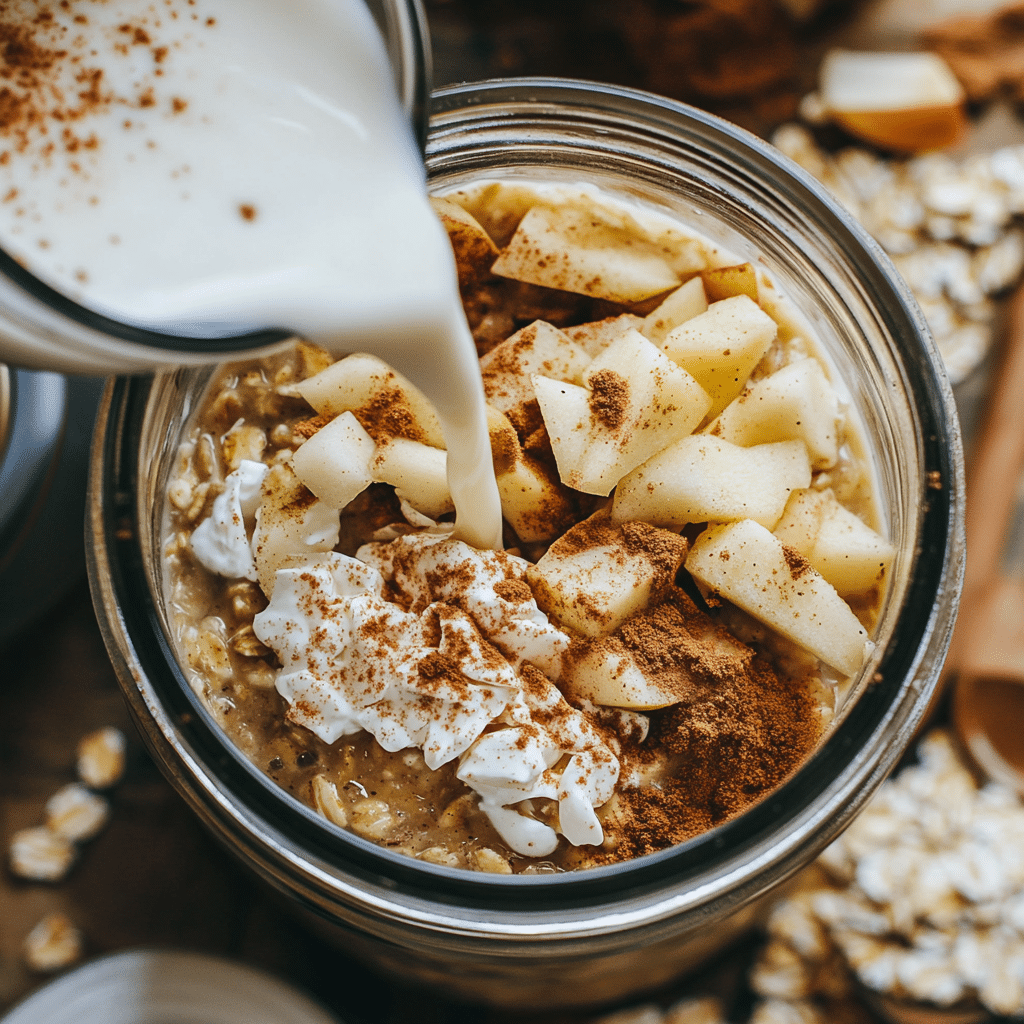 Layering apple cinnamon overnight oats into a mason jar step-by-step