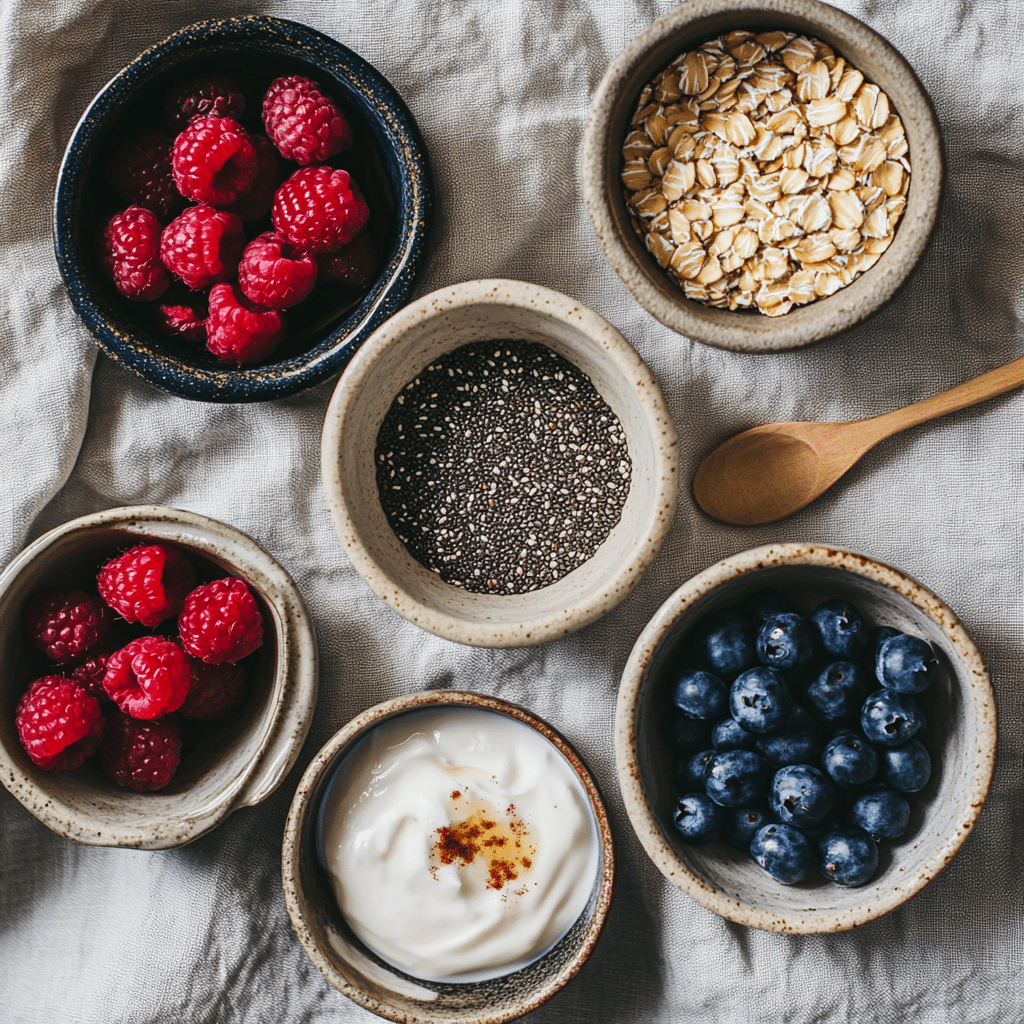 Ingredients for Berry & Chia Overnight Oats laid out on a table