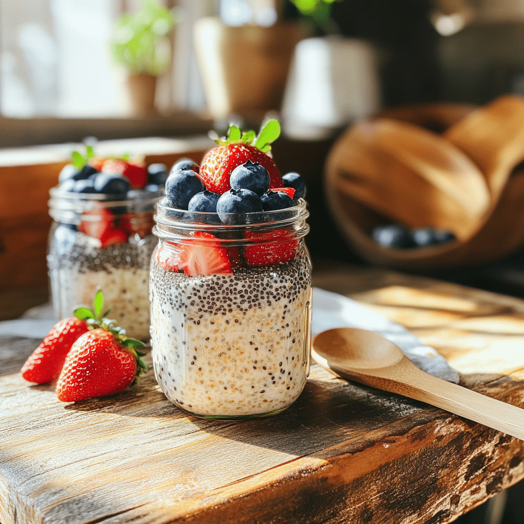 Berry & Chia Overnight Oats  healthy breakfast jar with mixed berries and chia seeds
