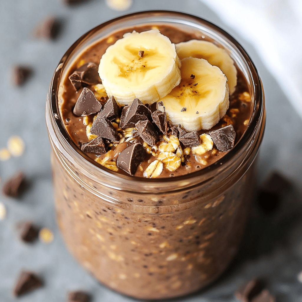 Chocolate Banana Overnight Oats – creamy make-ahead breakfast with banana slices, cocoa, and oats