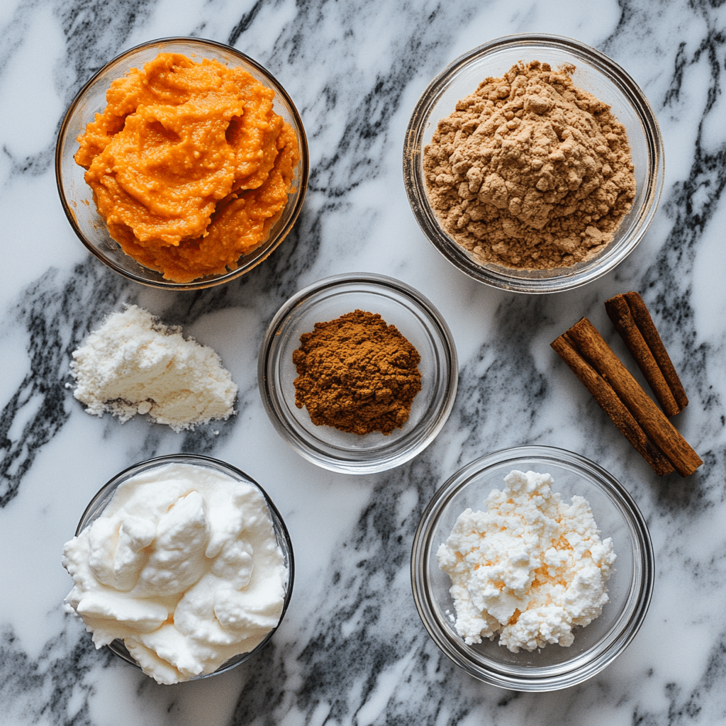 Cottage Cheese Pumpkin Cheesecake 6 ingredients for cottage cheese pumpkin cheesecake on kitchen counter