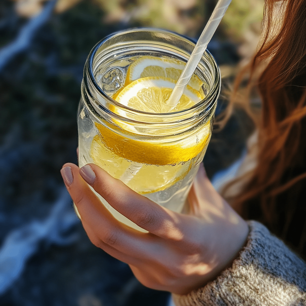 drinking iced lemon detox drink outdoors