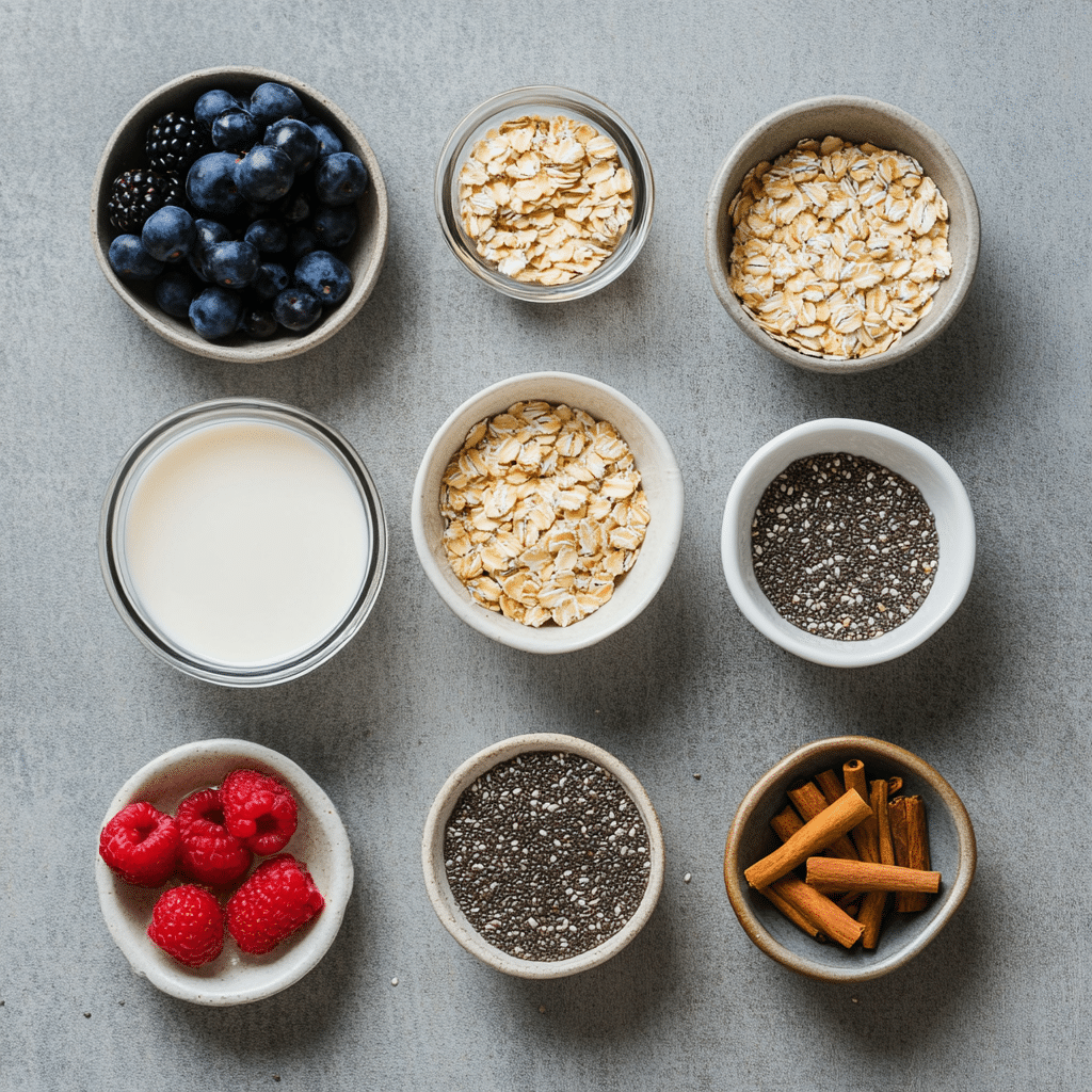 Low-Sugar Overnight Oats for Weight Loss: 1 Simple Habit That Melts Fat 8 Ingredients for low-sugar overnight oats for weight loss laid out on a kitchen counter