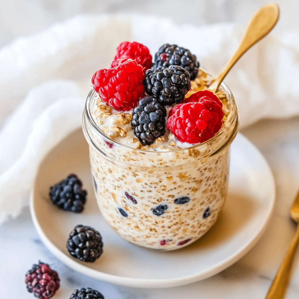 Low-Sugar Overnight Oats for Weight Loss – healthy make-ahead breakfast with berries, chia seeds, and yogurt