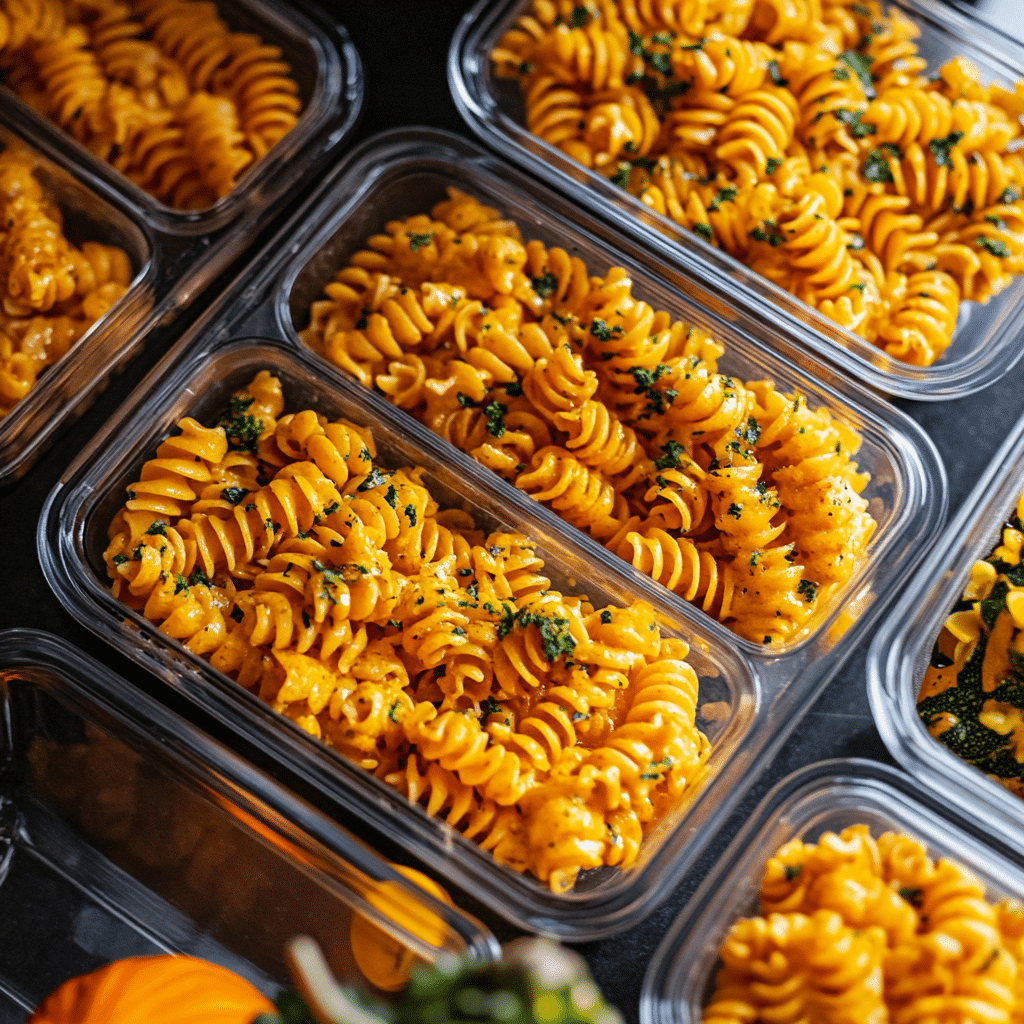 creamy pumpkin pasta stored in meal prep containers