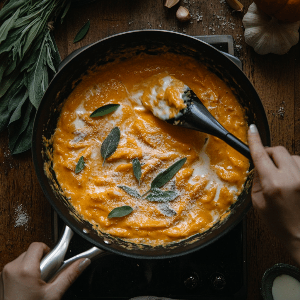 pumpkin puree and milk cooking for creamy pumpkin pasta sauce