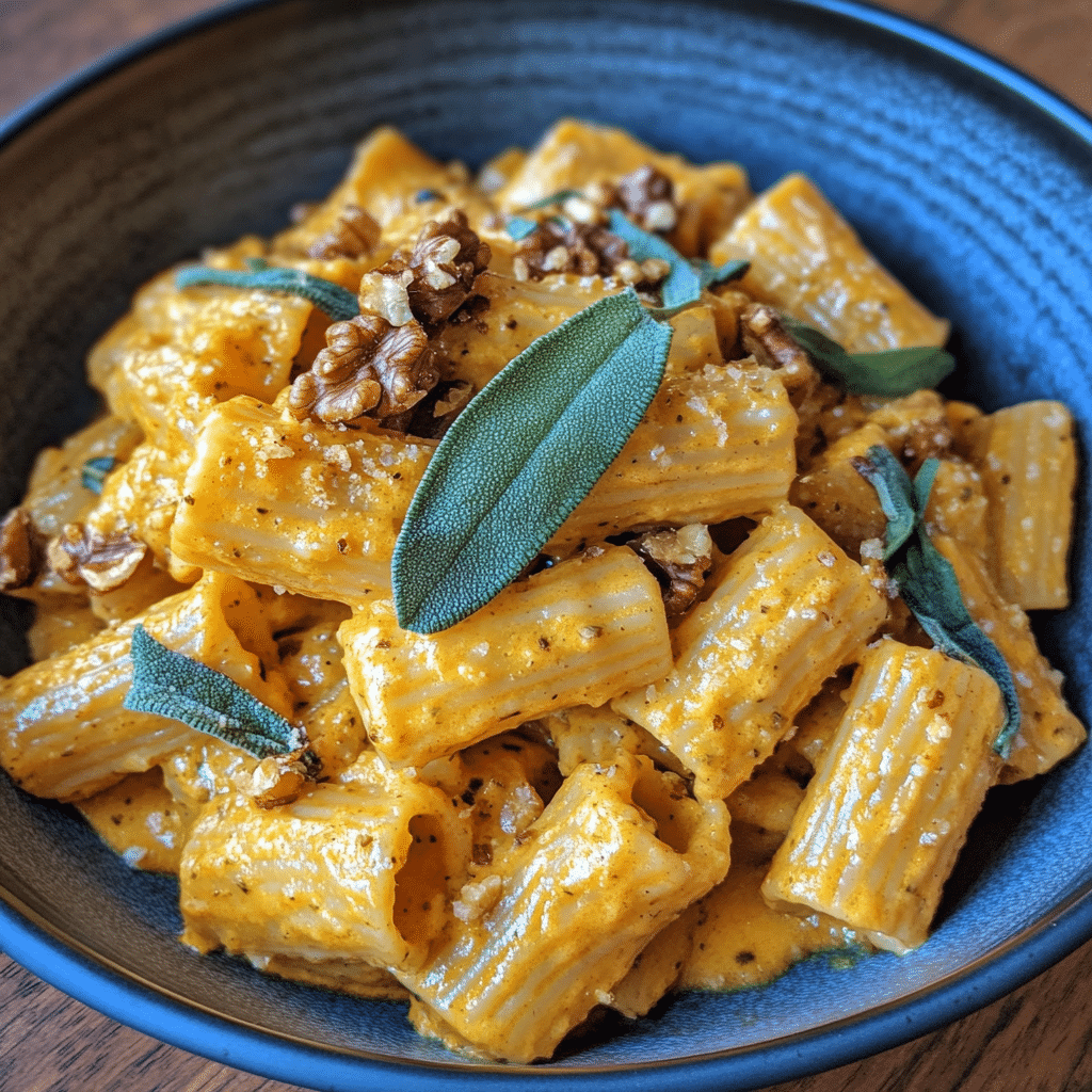 creamy pumpkin pasta plated with sage and walnuts