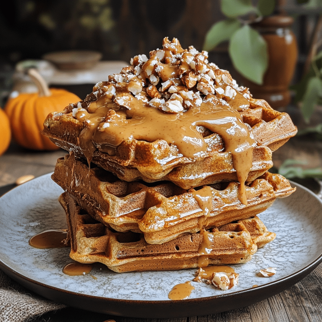 Stack of pumpkin cottage cheese waffles with almond butter