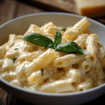 creamy brie pasta in white bowl with basil