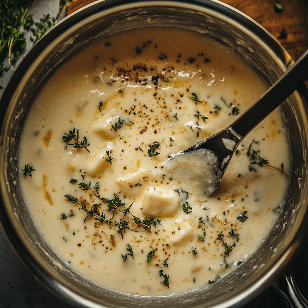 creamy brie sauce being stirred with garlic and herbs