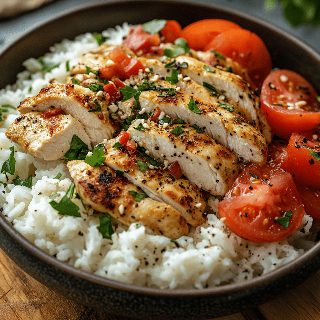 Delicious Greek Chicken Bowl with fresh vegetables and herbs
