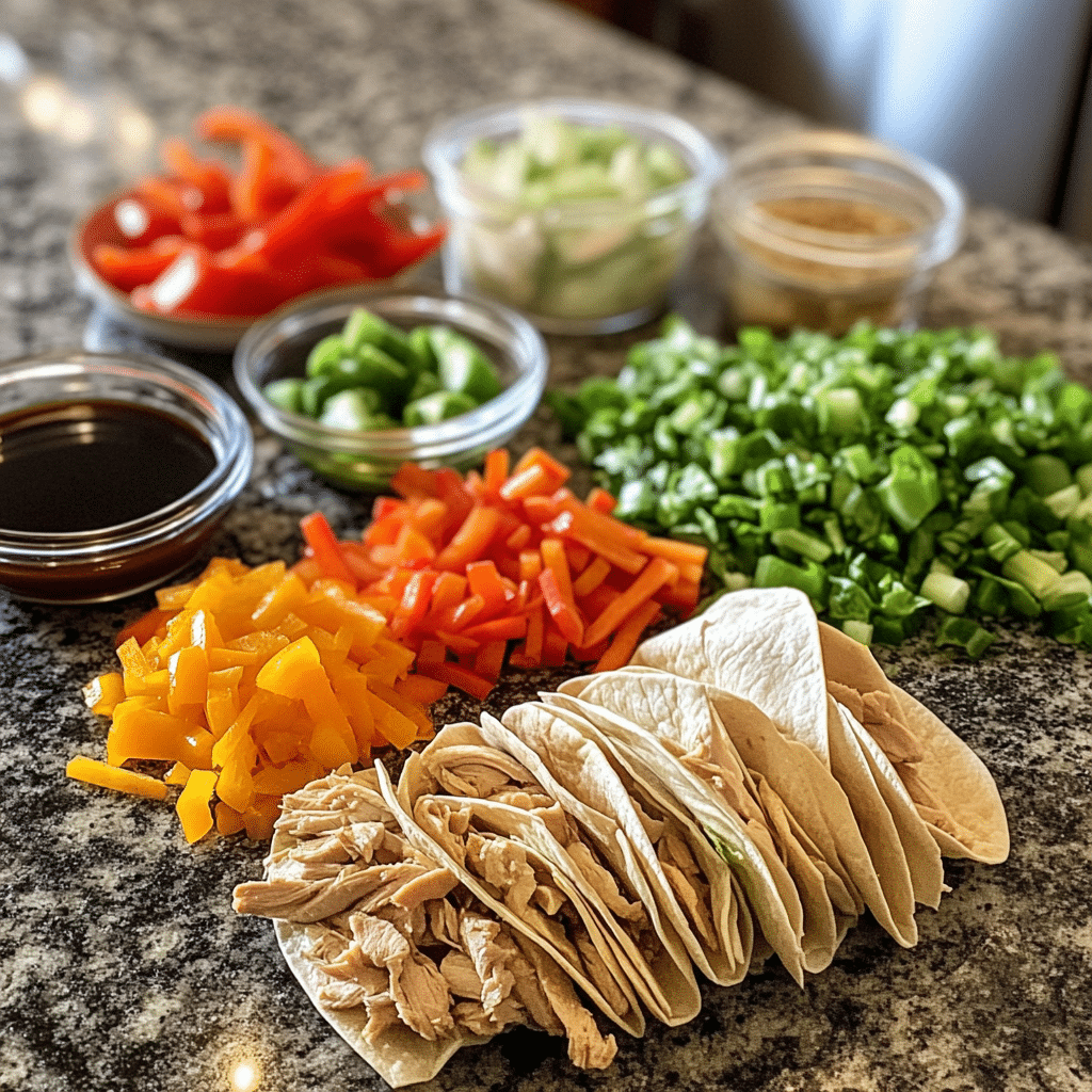 repared ingredients for chicken wraps including sliced tortillas, cooked chicken, chopped bell peppers, green onions, cucumbers, and small bowls of sauce on a kitchen countertop