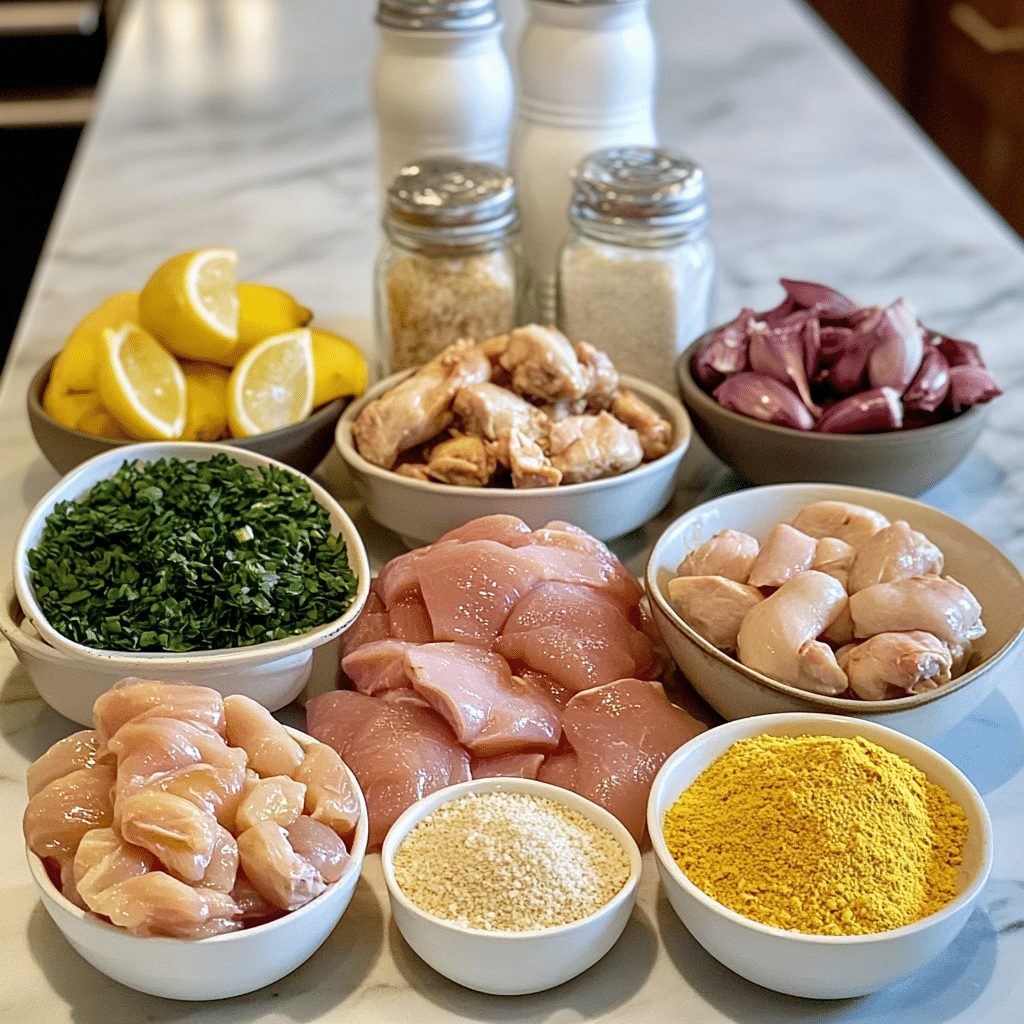 “Prepared ingredients including raw chicken pieces, lemon wedges, chopped herbs, red onions, spices, breadcrumbs, and seasoning bowls arranged on a kitchen countertop.”