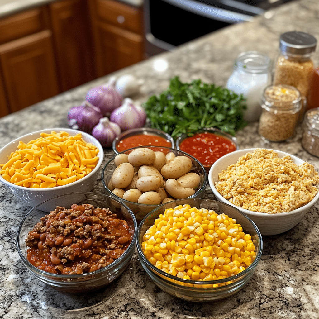 Prepared ingredients for slow cooker cowboy casserole with beef and beans, potatoes, corn, shredded cheese, onions, and spices.