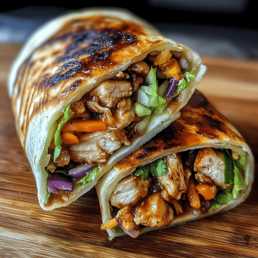 Grilled chicken wrap sliced open, showing juicy chicken pieces, lettuce, carrots, and glossy sauce inside a toasted tortilla on a wooden cutting board.