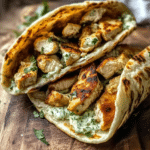 Sheet Pan Chicken Pitas with Herby Ranch served on a wooden board