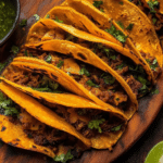 Plate of rich Birria Tacos served with consome and garnishes