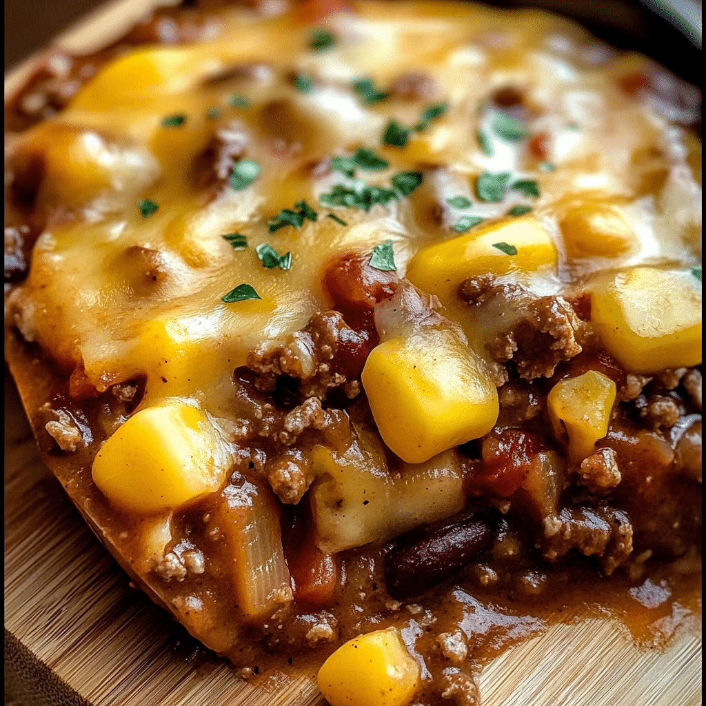 Slow cooker cowboy casserole with ground beef, potatoes, beans, and melted cheese, served hot on a wooden board.