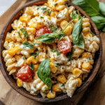 Delicious Juicy Street Corn Pasta Salad served in a bowl