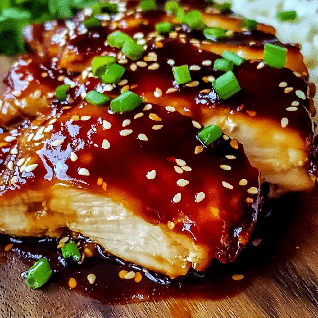 Teriyaki glazed chicken breast topped with sesame seeds and green onions, served on a wooden board