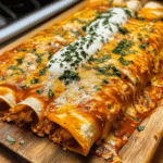 Delicious quick and easy chicken enchiladas served on a plate with toppings.