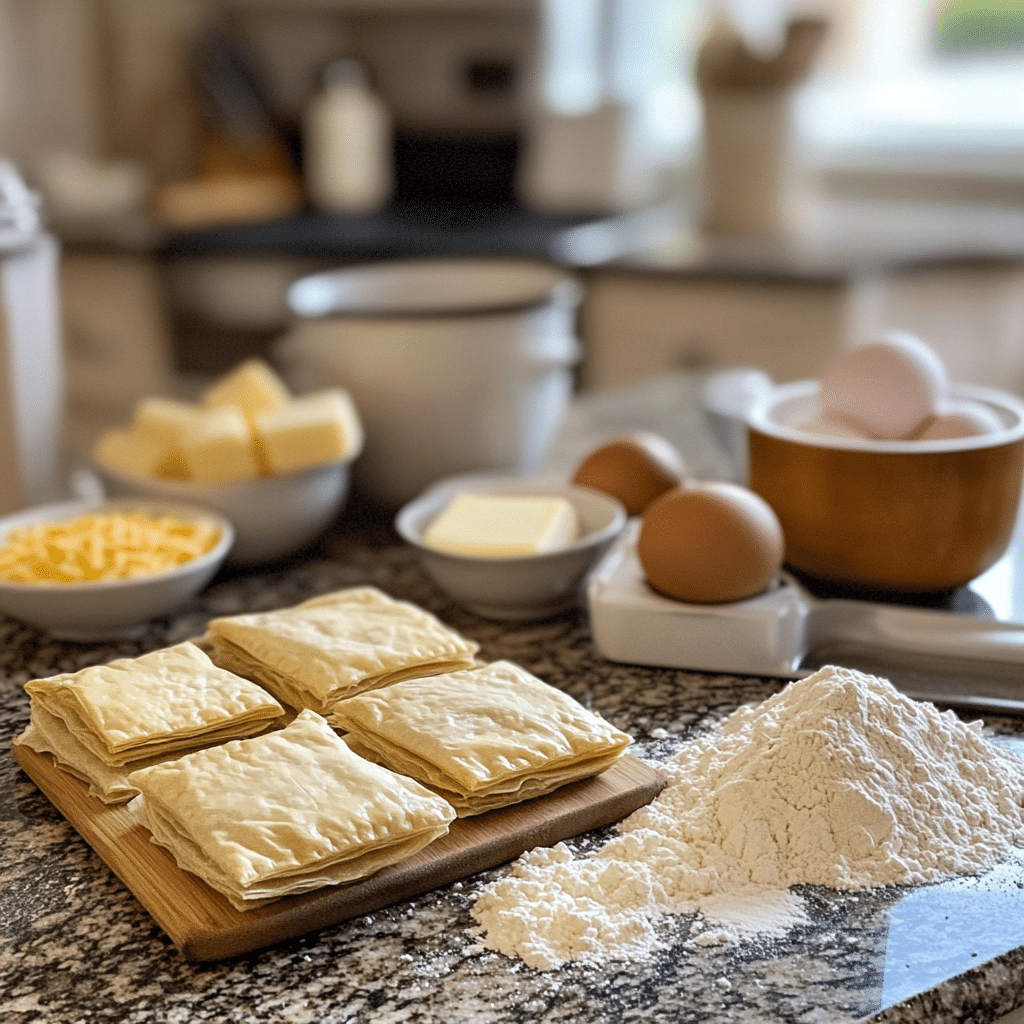 Puff pastry squares arranged on a wooden board surrounded by breakfast hot pocket ingredients, including flour, eggs, butter, shredded cheese, and kitchen bowls, displayed on a kitchen counter.