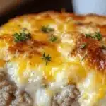 A delicious Cheesy Sausage Biscuit Casserole baked with sausage and biscuits