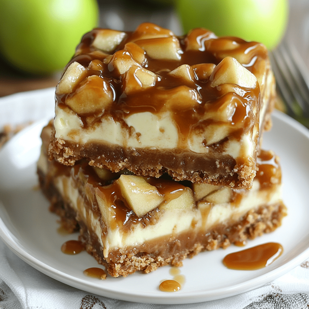 Delicious Caramel Apple Cheesecake Bars with caramel drizzle and apple slices