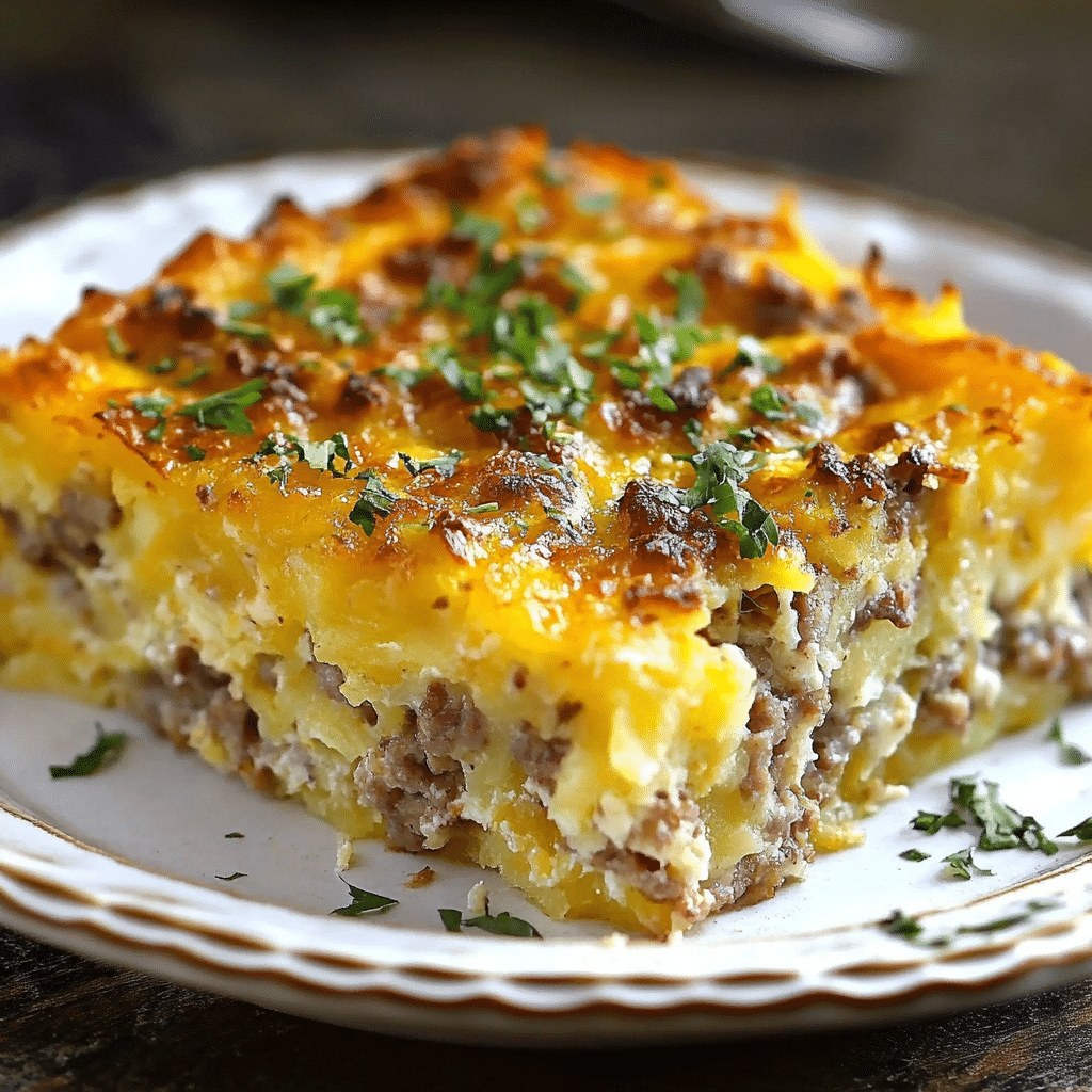 Sausage Hashbrown Breakfast Casserole served on a plate