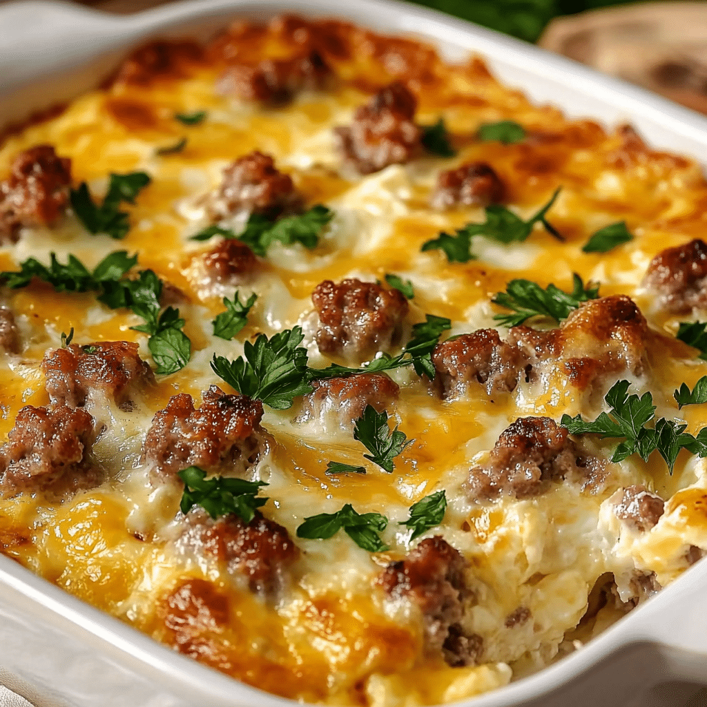 Delicious Sausage and Egg Casserole served in a baking dish
