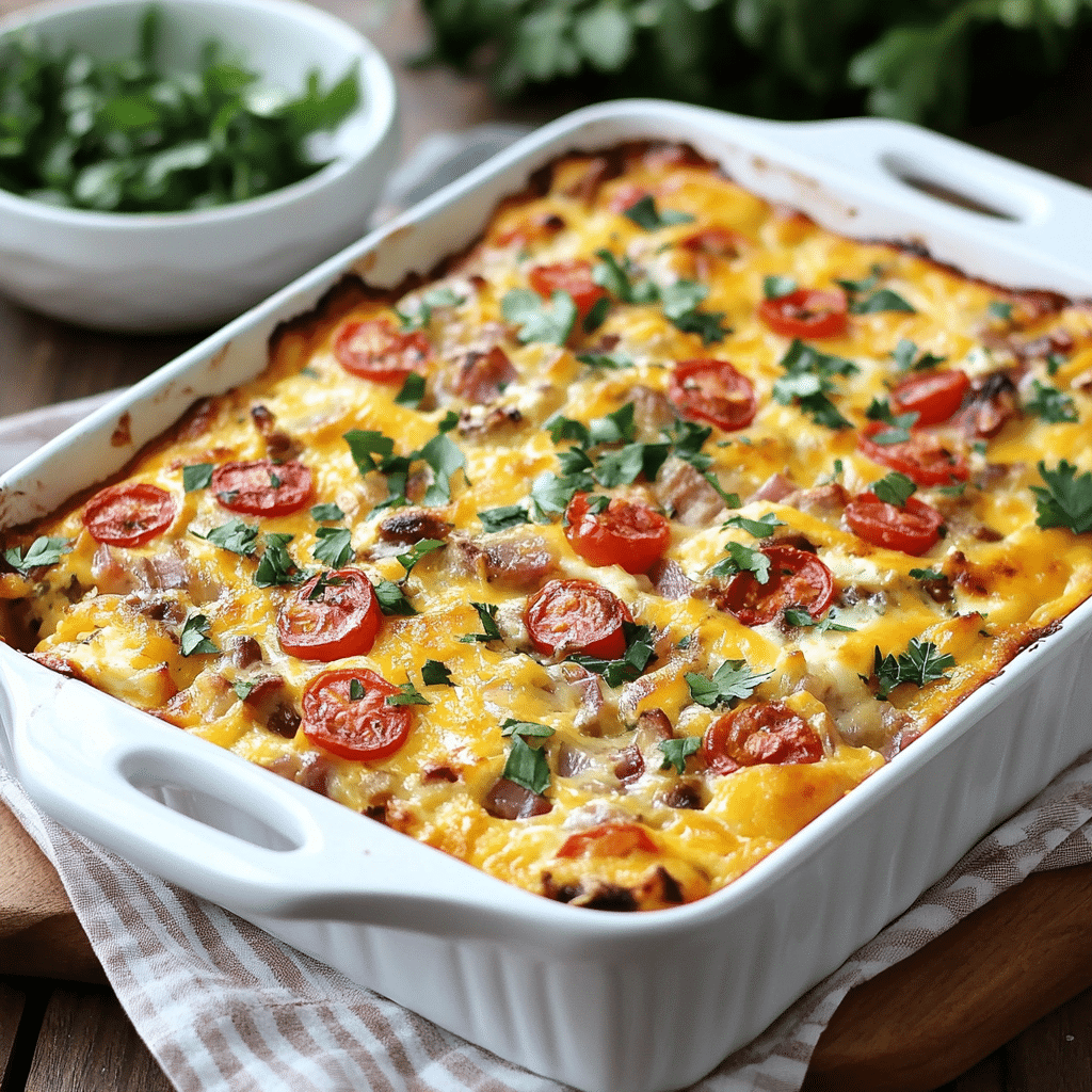 Savory breakfast casserole with eggs, cheese, and vegetables baked to perfection.