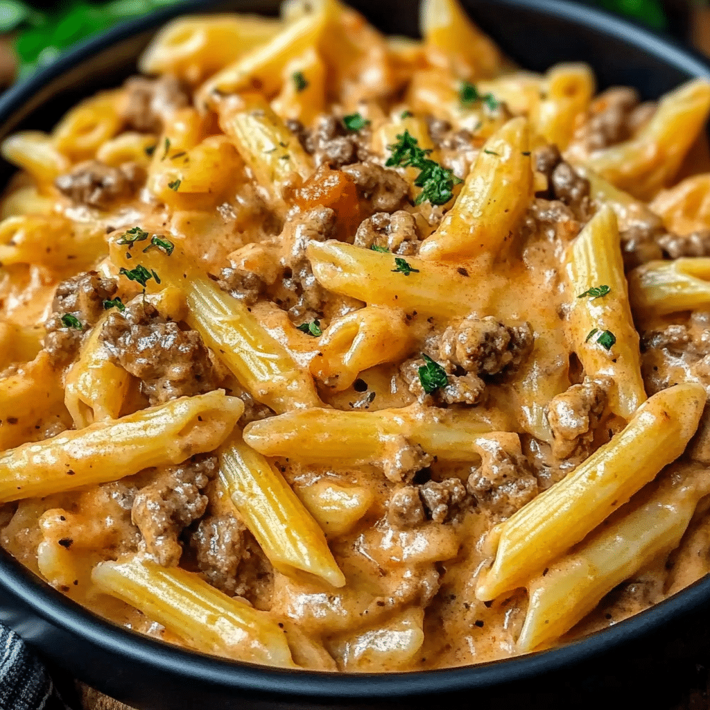 Delicious creamy beef pasta served with fresh herbs and grated cheese