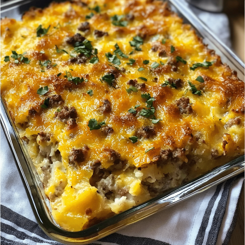 Sausage Hashbrown Breakfast Casserole baked and ready to serve