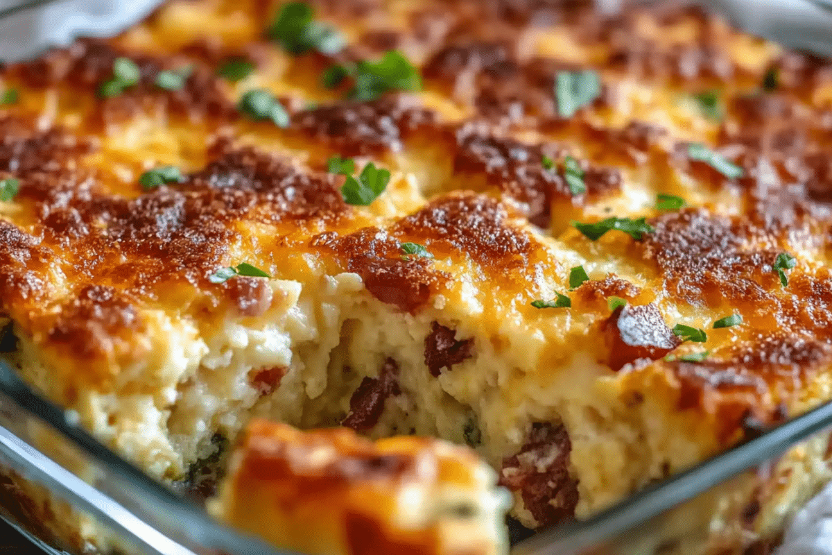 Tasty Crack Breakfast Casserole served in a dish with fresh toppings
